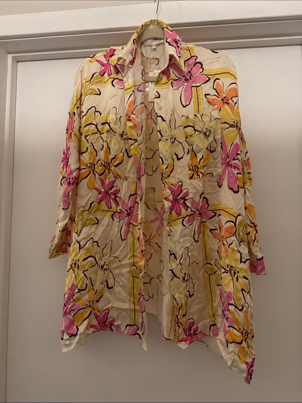 Anthropologie Floral Button-Down Shirt Jacket in Cream, Pink, Yellow